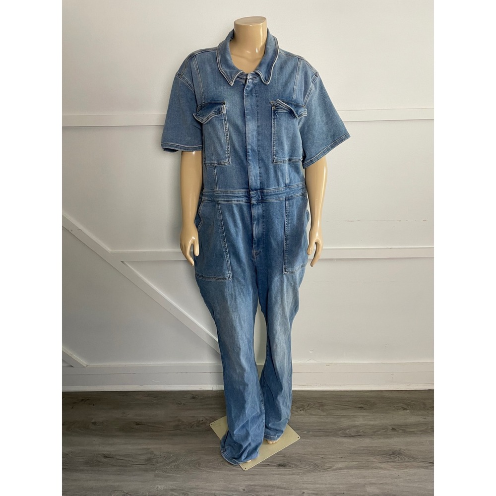 Good American Fit For Success Denim Jumpsuit Blue Short Sleeve Wide Leg New 5XL